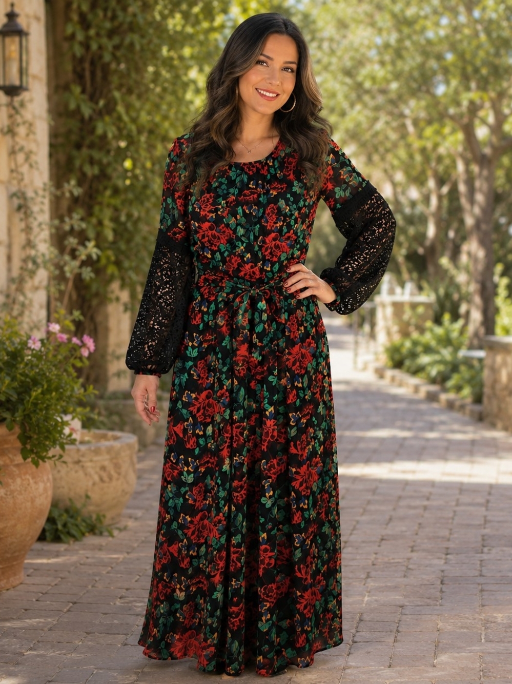 Torrid Floral Lace Sleeve Maxi Dress Black Red Green Size 1